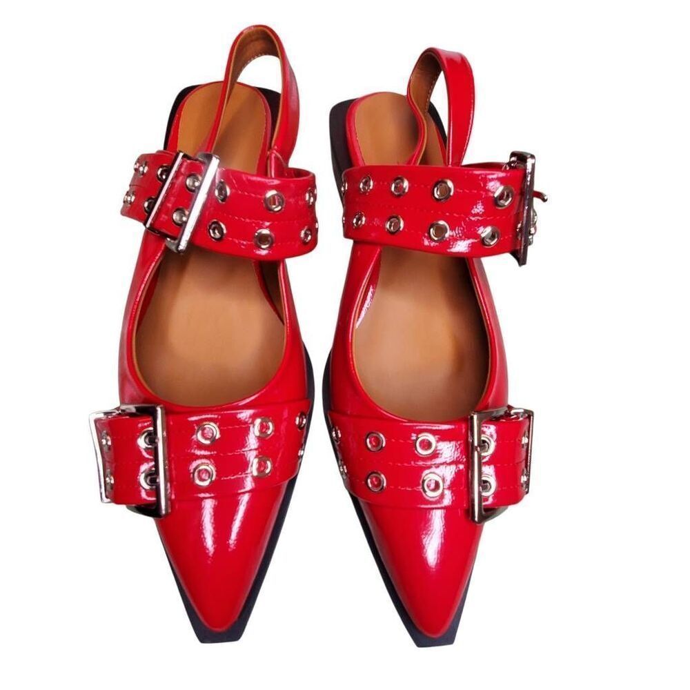 Red Chunky Buckle Slingback Punk Goth Flats Women's Size 9 Pointed Toe - Picture 2 of 6